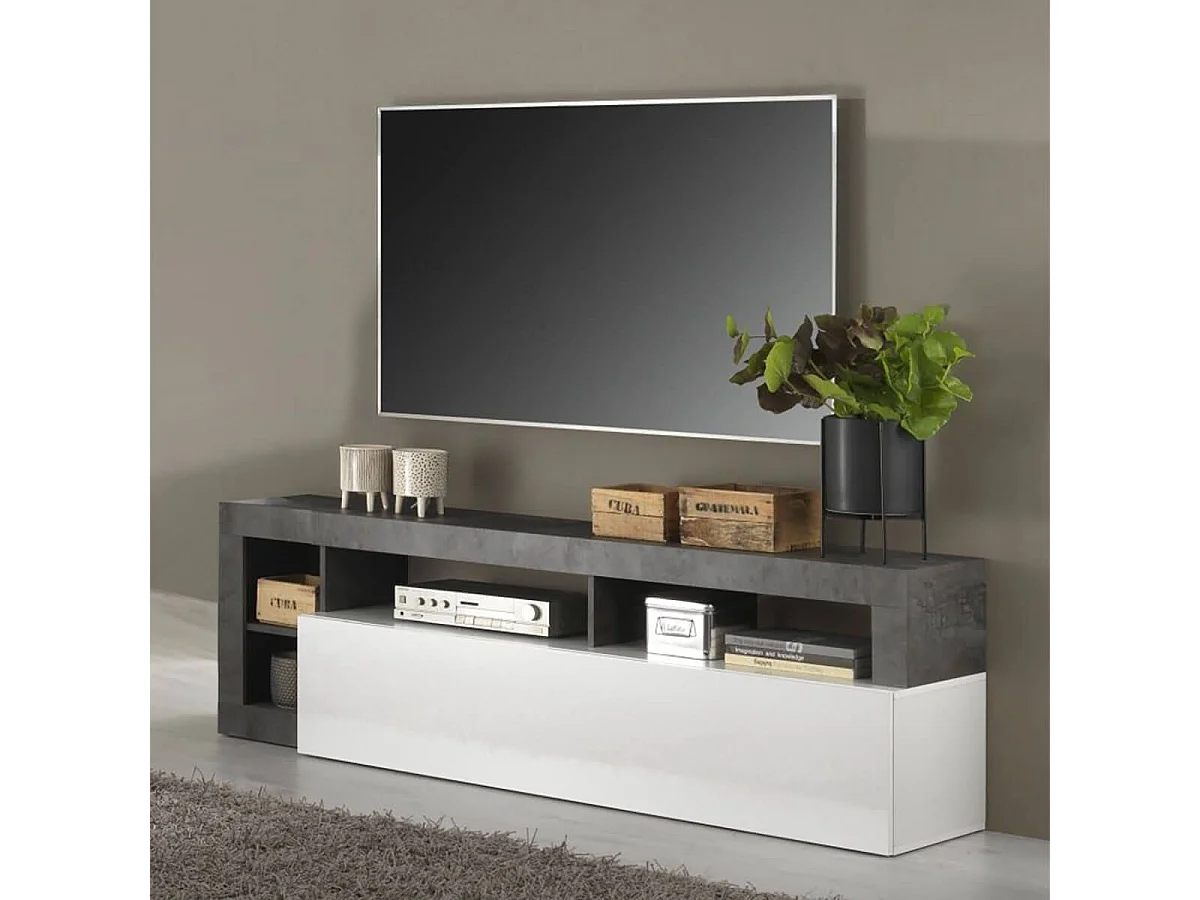 ARTURO - Meuble TV 1 Abattant Blanc Laqué Encadrement Niches Aspect Gris Oxyde