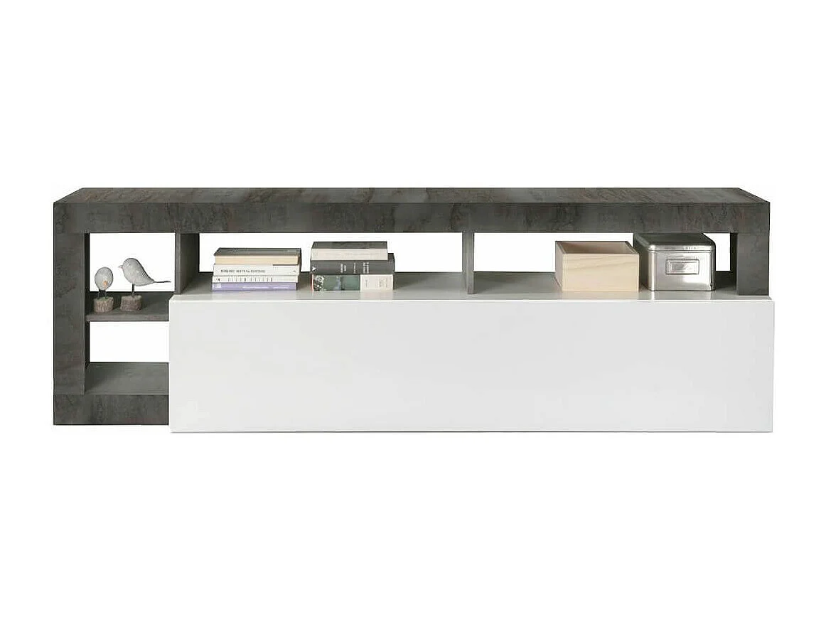 ARTURO - Meuble TV 1 Abattant Blanc Laqué Encadrement Niches Aspect Gris Oxyde