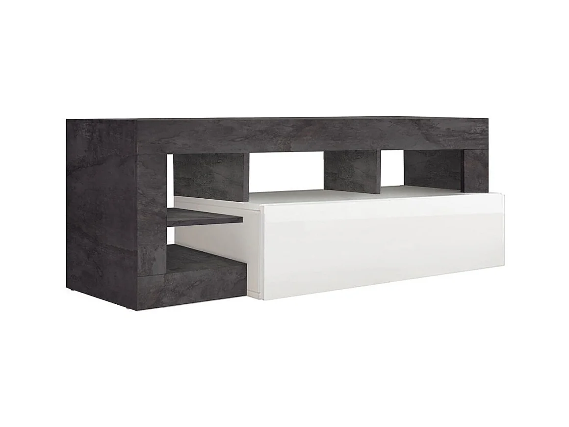ARTURO - Meuble TV 1 Abattant Blanc Laqué Encadrement Niches Aspect Gris Oxyde