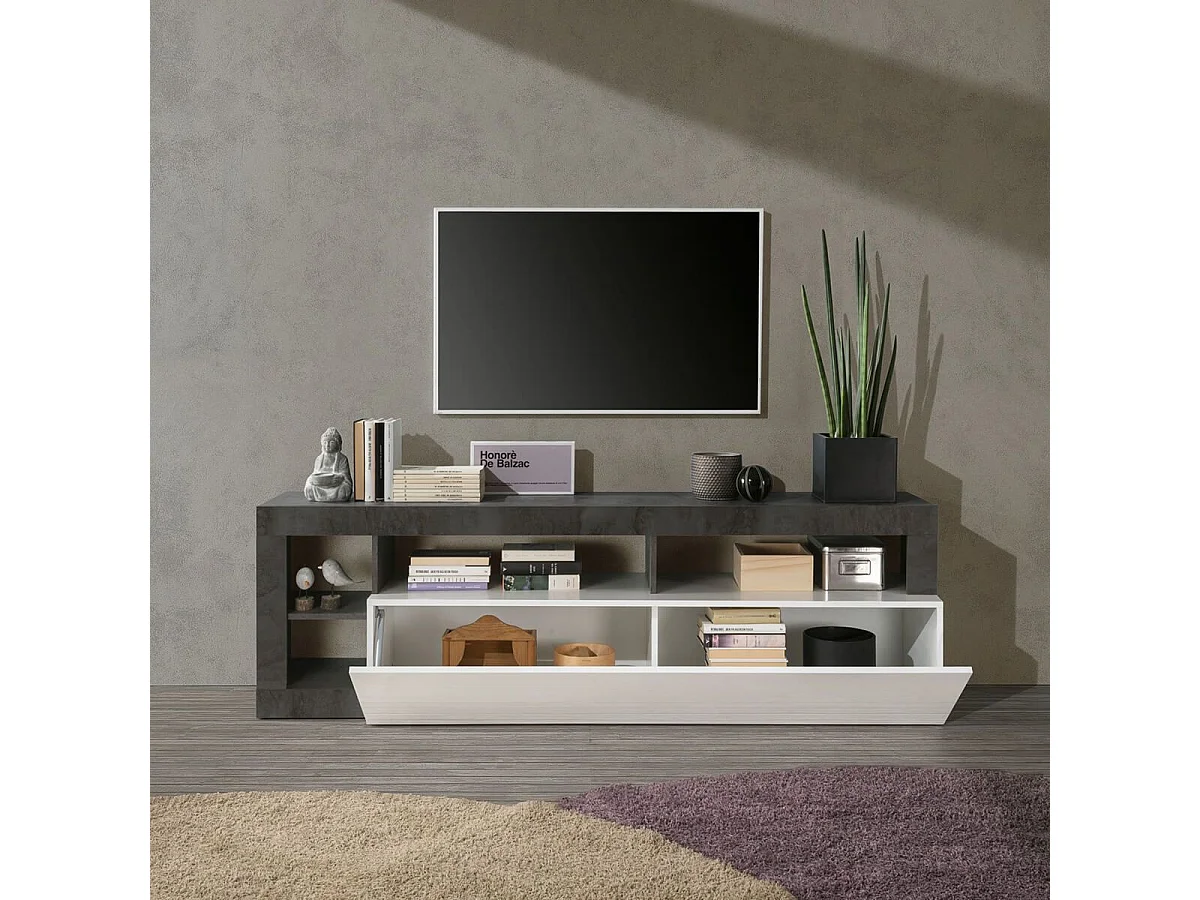 ARTURO - Meuble TV 1 Abattant Blanc Laqué Encadrement Niches Aspect Gris Oxyde