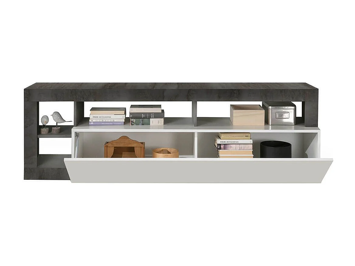 ARTURO - Meuble TV 1 Abattant Blanc Laqué Encadrement Niches Aspect Gris Oxyde