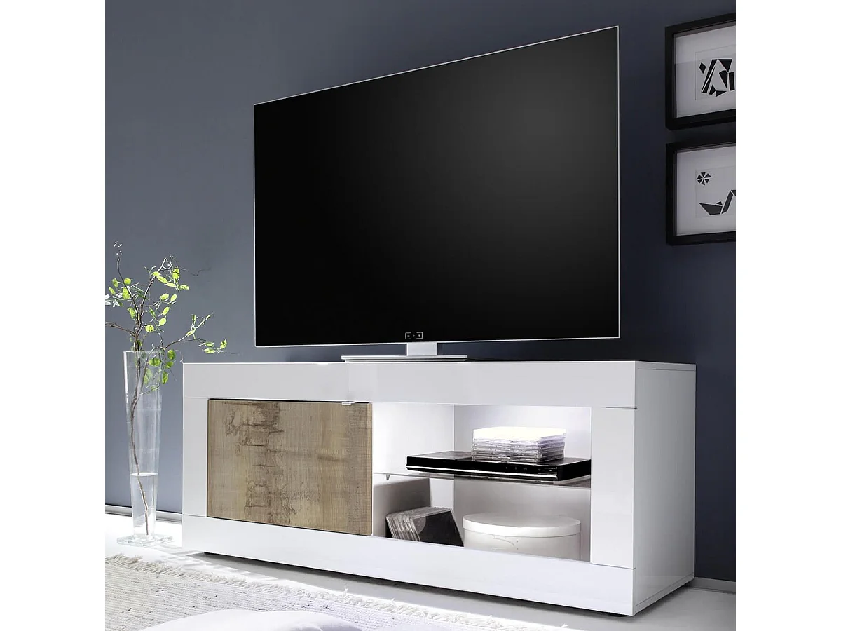 OTELLO - Meuble TV 1 Portes 2 Niches Blanc Laqué et Aspect Bois Antik avec Leds