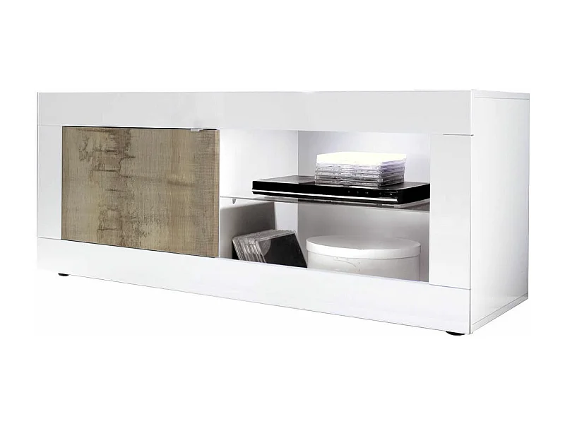 OTELLO - Meuble TV 1 Portes 2 Niches Blanc Laqué et Aspect Bois Antik avec Leds