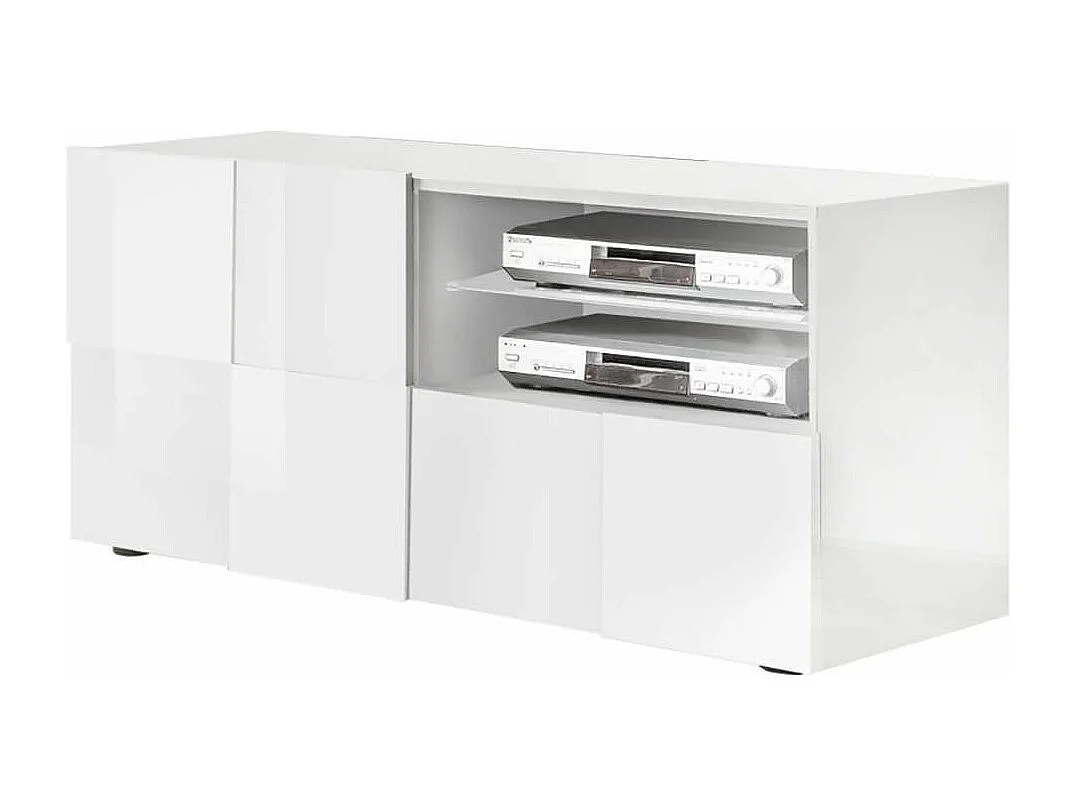 REBECCA - Meuble TV 121 cm Finition Blanc Laqué Weiss Relief Damiers et Leds