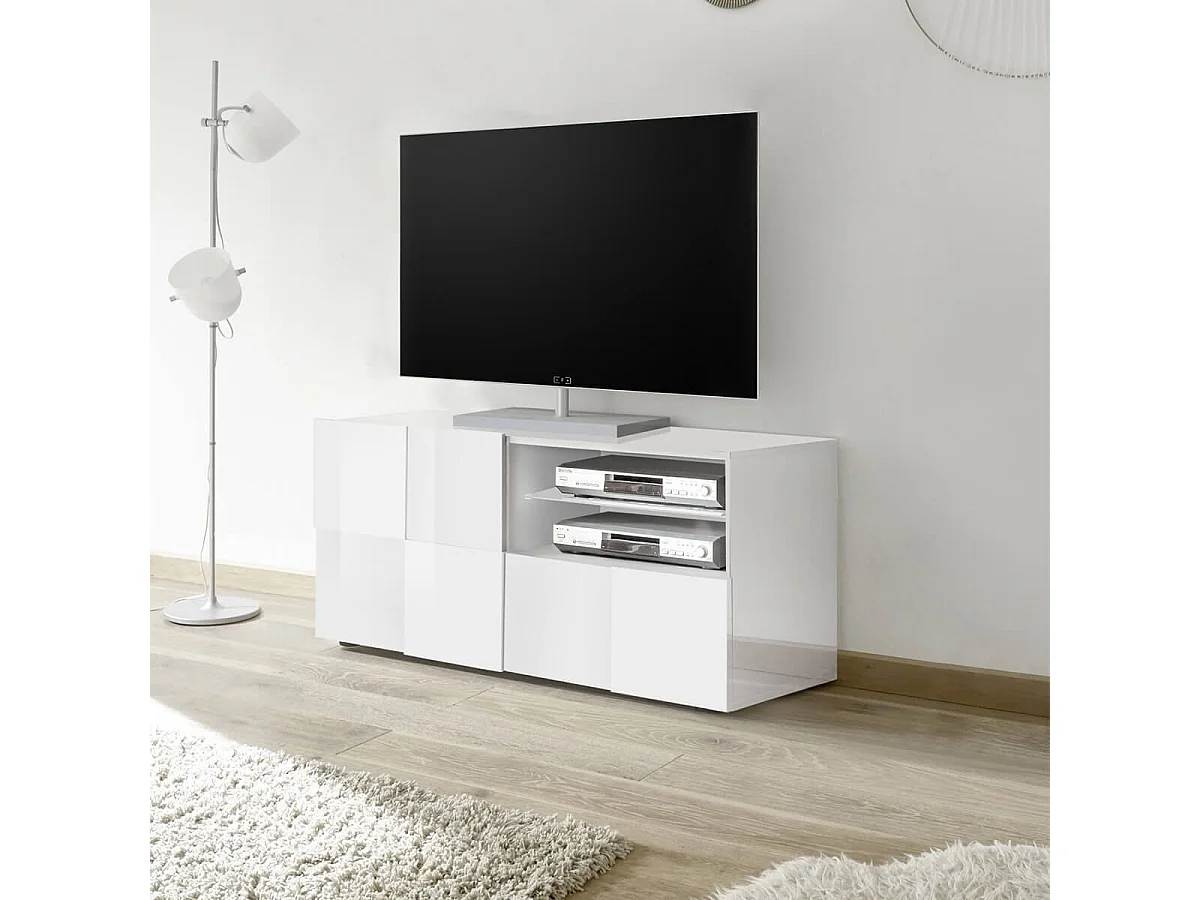 REBECCA - Meuble TV 121 cm Finition Blanc Laqué Weiss Relief Damiers et Leds