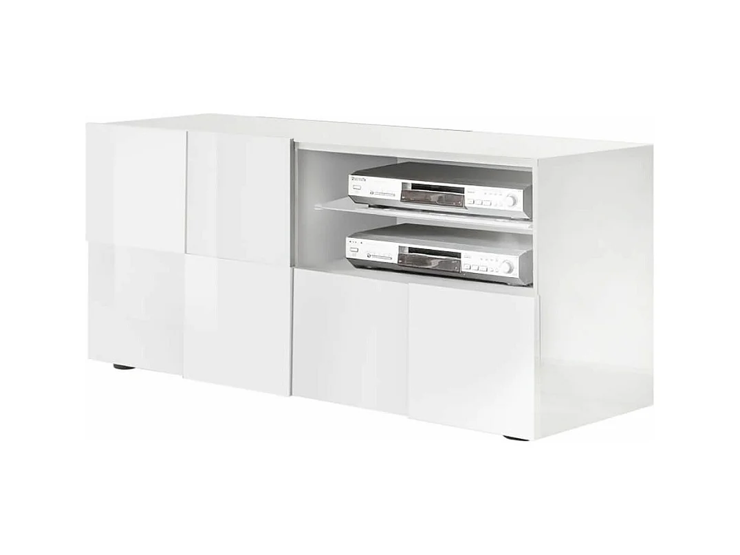 REBECCA - Meuble TV 121 cm Finition Blanc Laqué Weiss Relief Damiers et Leds