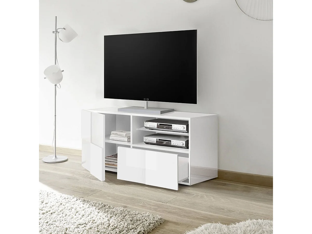 REBECCA - Meuble TV 121 cm Finition Blanc Laqué Weiss Relief Damiers et Leds