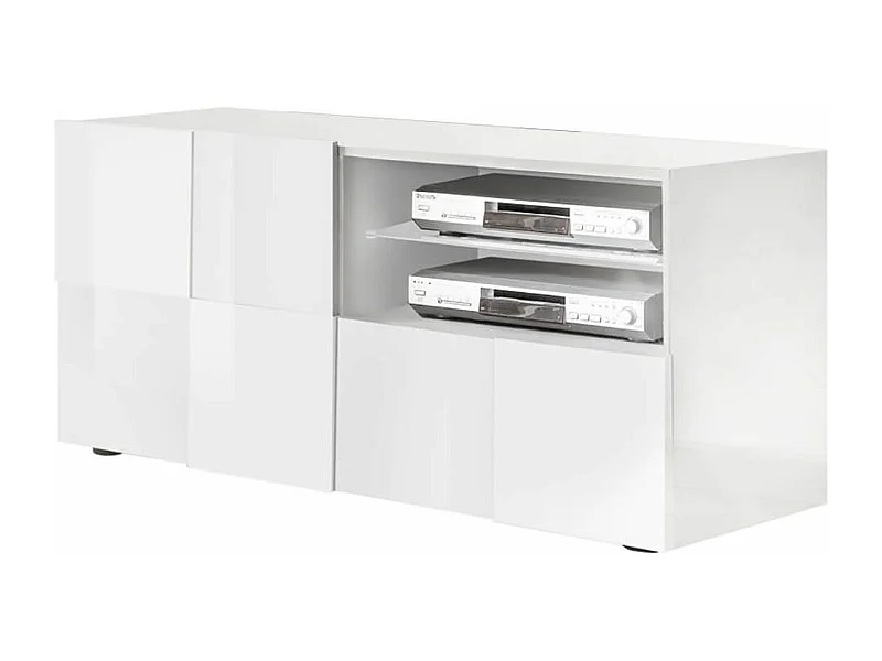 REBECCA - Meuble TV 121 cm Finition Blanc Laqué Weiss Relief Damiers et Leds