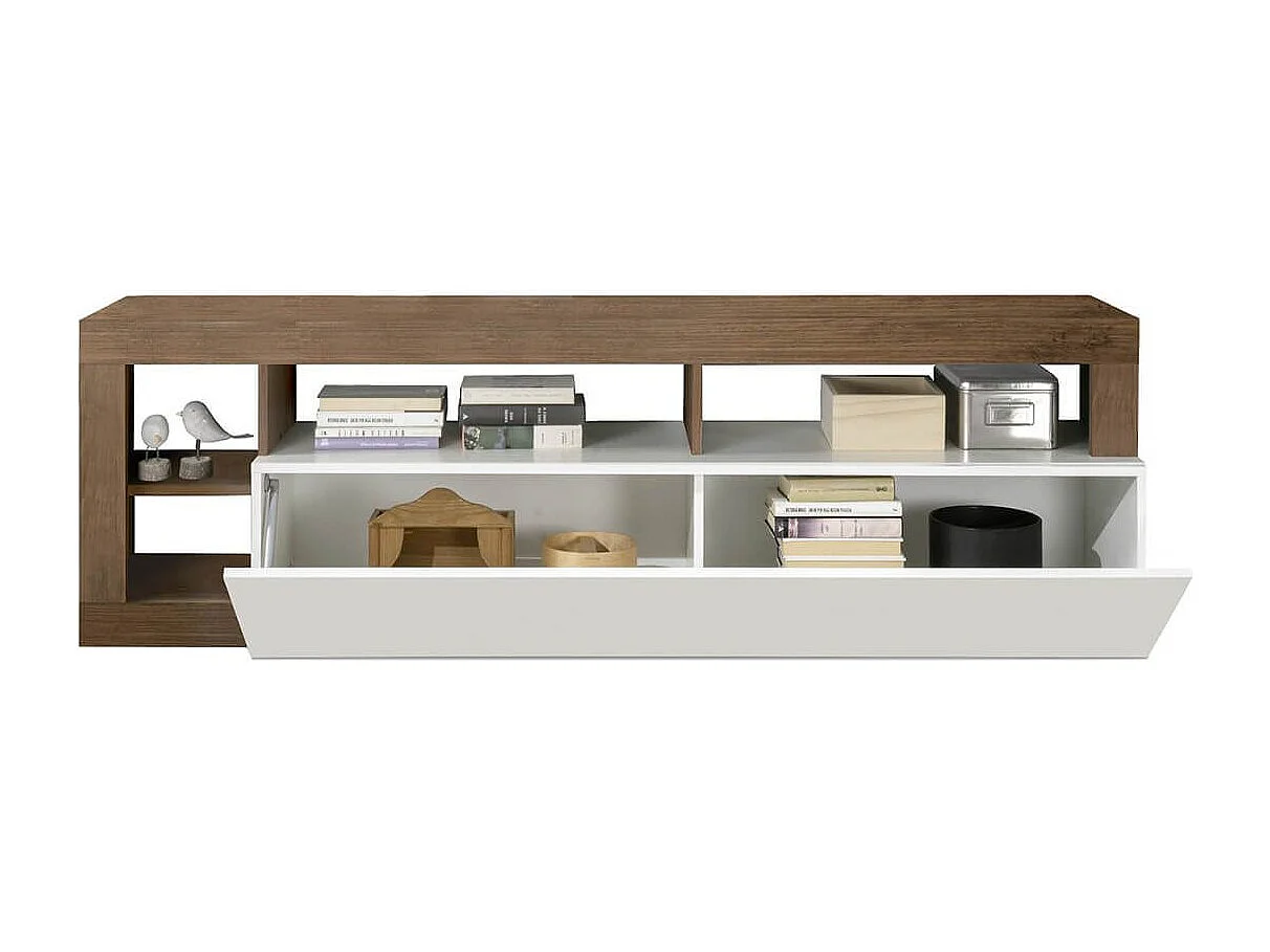 ARTURO - Meuble TV 1 Abattant Blanc Laqué Encadrement Niches Aspect Chêne Mercure