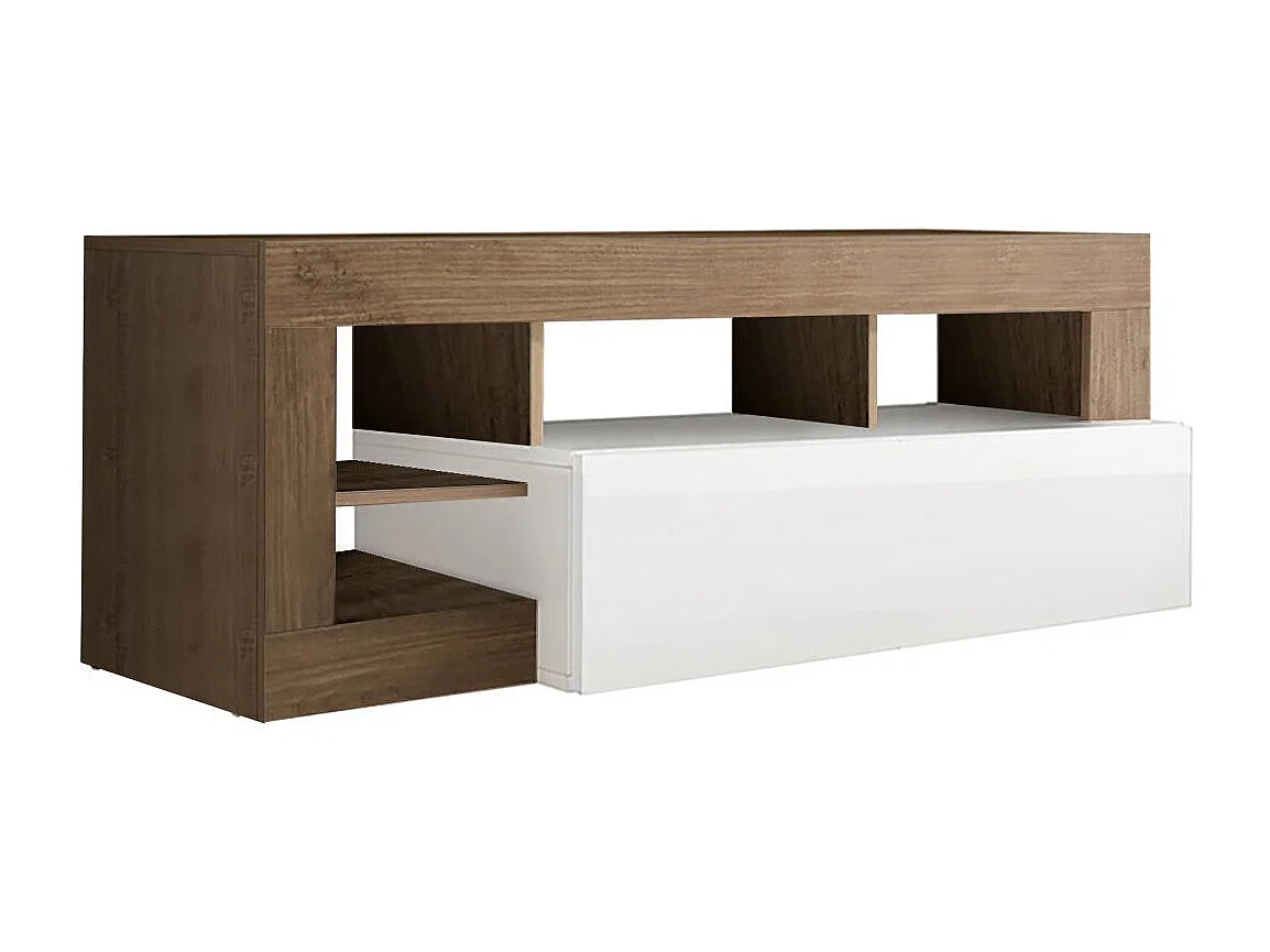 ARTURO - Meuble TV 1 Abattant Blanc Laqué Encadrement Niches Aspect Chêne Mercure