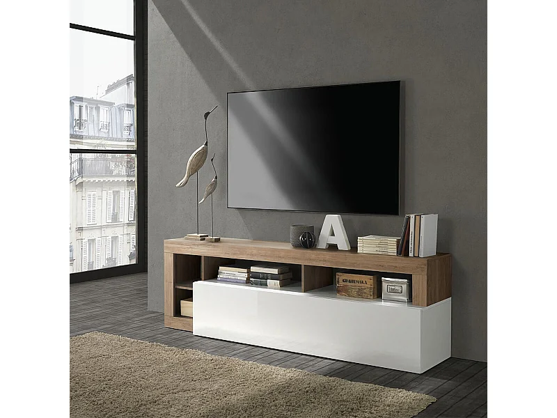 ARTURO - Meuble TV 1 Abattant Blanc Laqué Encadrement Niches Aspect Chêne Mercure