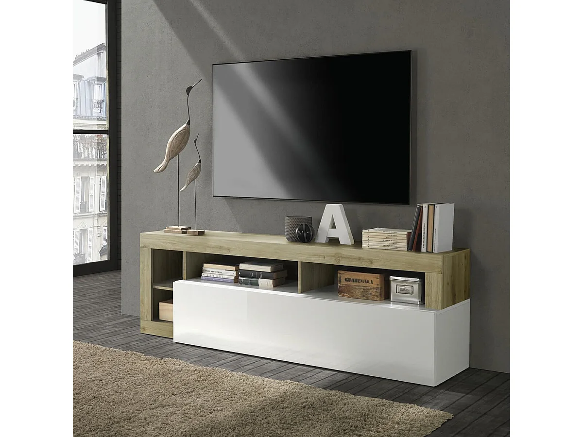 ARTURO - Meuble TV 1 Abattant Blanc Laqué Encadrement Niches Aspect Bois Cadiz