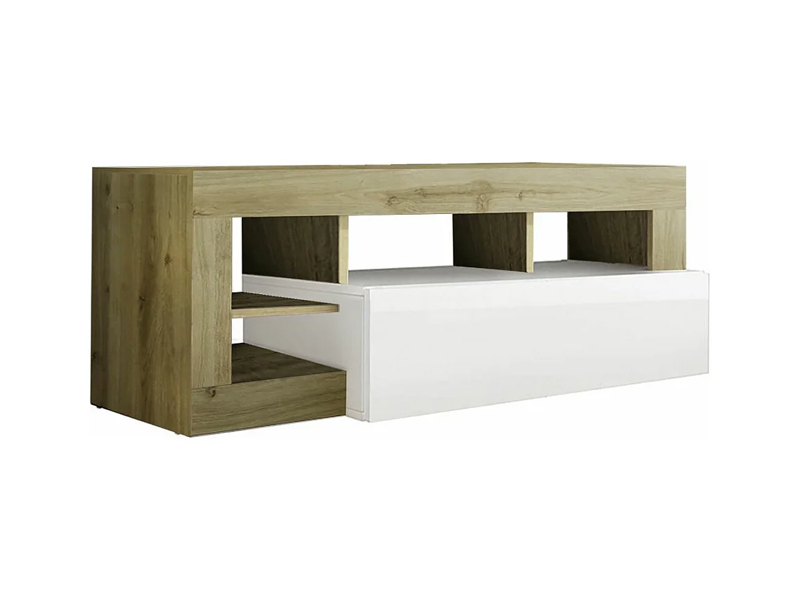 ARTURO - Meuble TV 1 Abattant Blanc Laqué Encadrement Niches Aspect Bois Cadiz