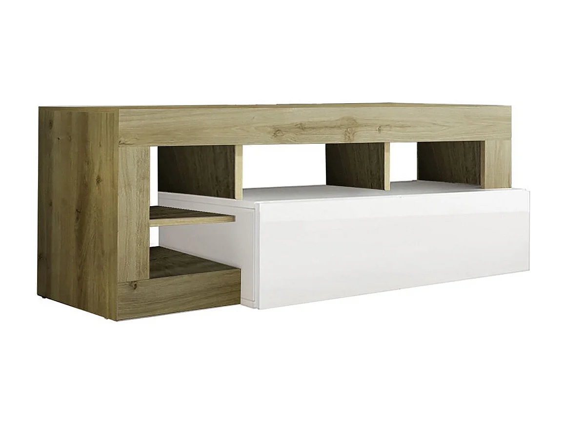 ARTURO - Meuble TV 1 Abattant Blanc Laqué Encadrement Niches Aspect Bois Cadiz