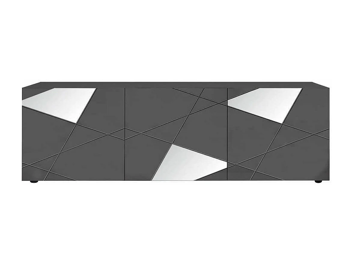 ORIANA - Meuble TV 3 Portes Finition Gris Carbone avec Sérigraphies et Miroirs