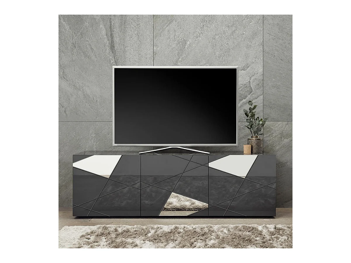 ORIANA - Meuble TV 3 Portes Finition Gris Carbone avec Sérigraphies et Miroirs