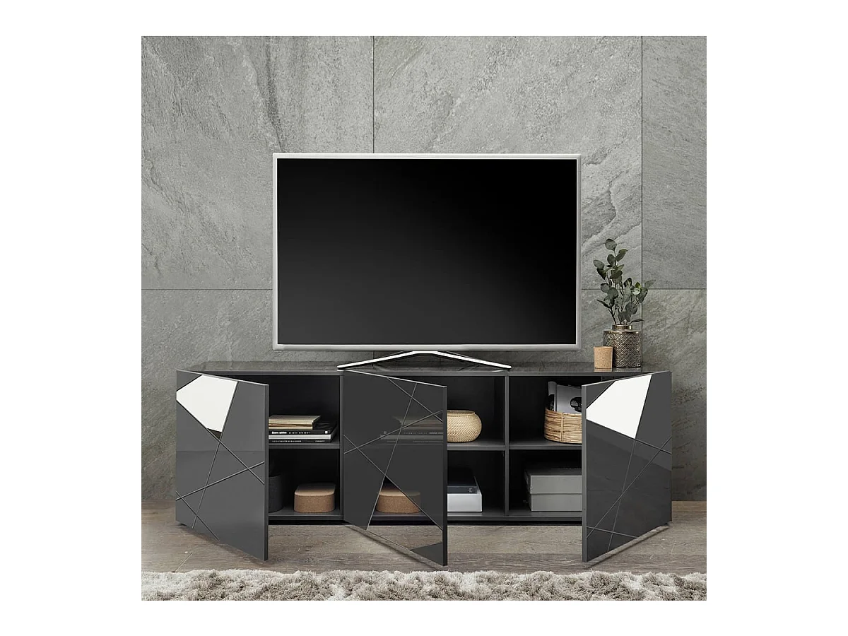 ORIANA - Meuble TV 3 Portes Finition Gris Carbone avec Sérigraphies et Miroirs
