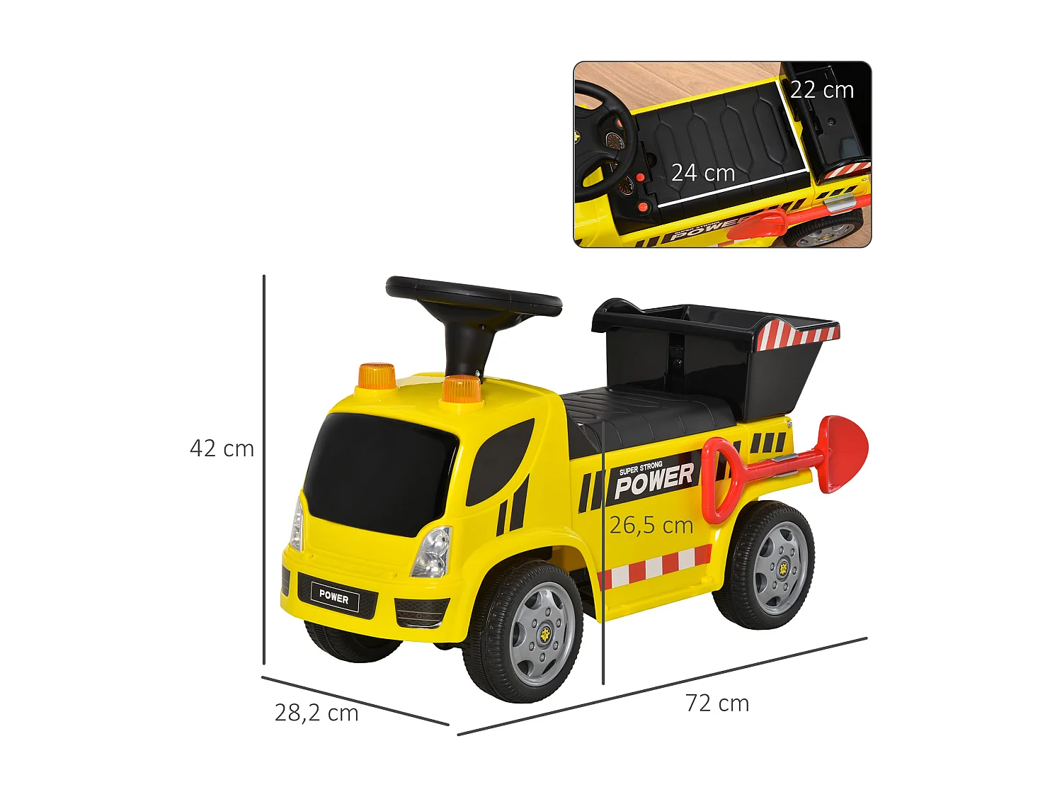 Porteur enfant camion 18-36 mois benne basculante pelle effets sonores lumineux noir jaune