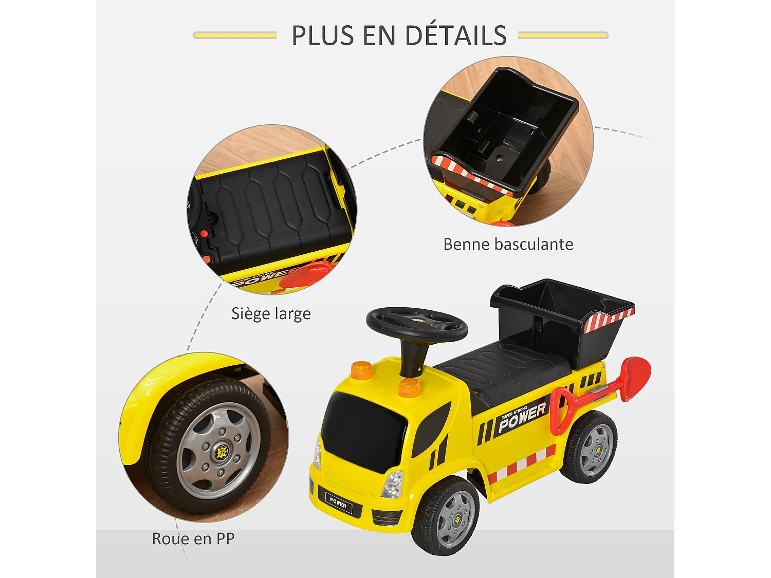 Porteur enfant camion 18-36 mois benne basculante pelle effets sonores lumineux noir jaune