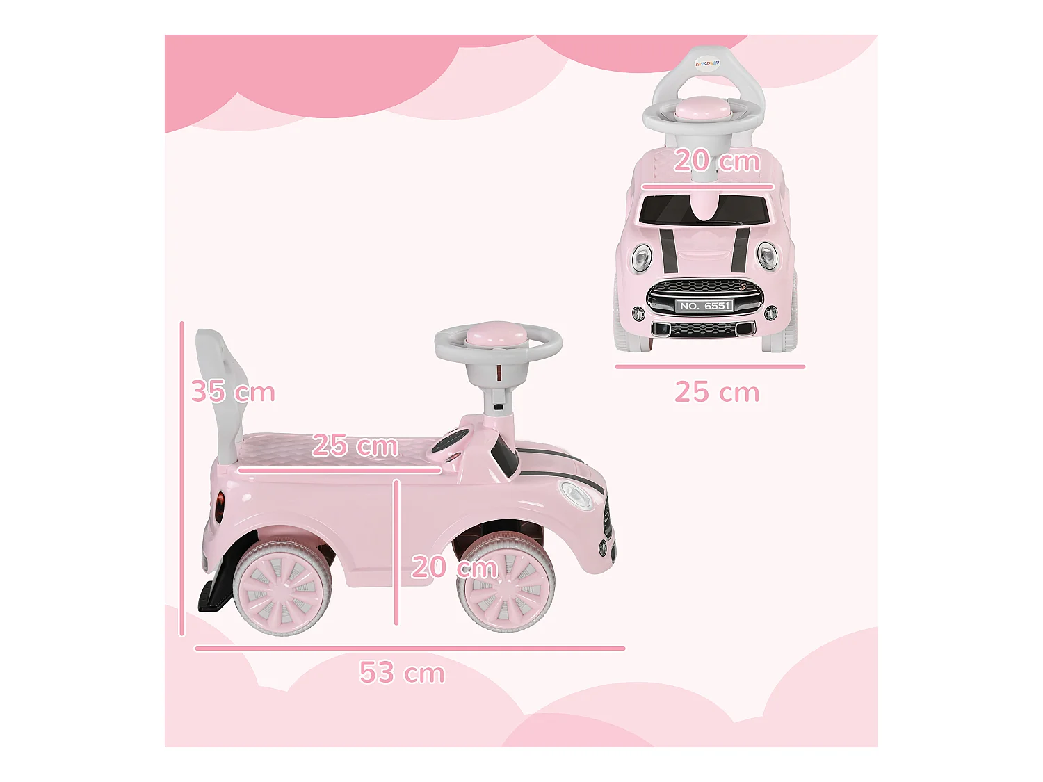 Porteur enfants 18-36 Mois volant klaxon et butée anti-bascule 53x25x35 cm rose