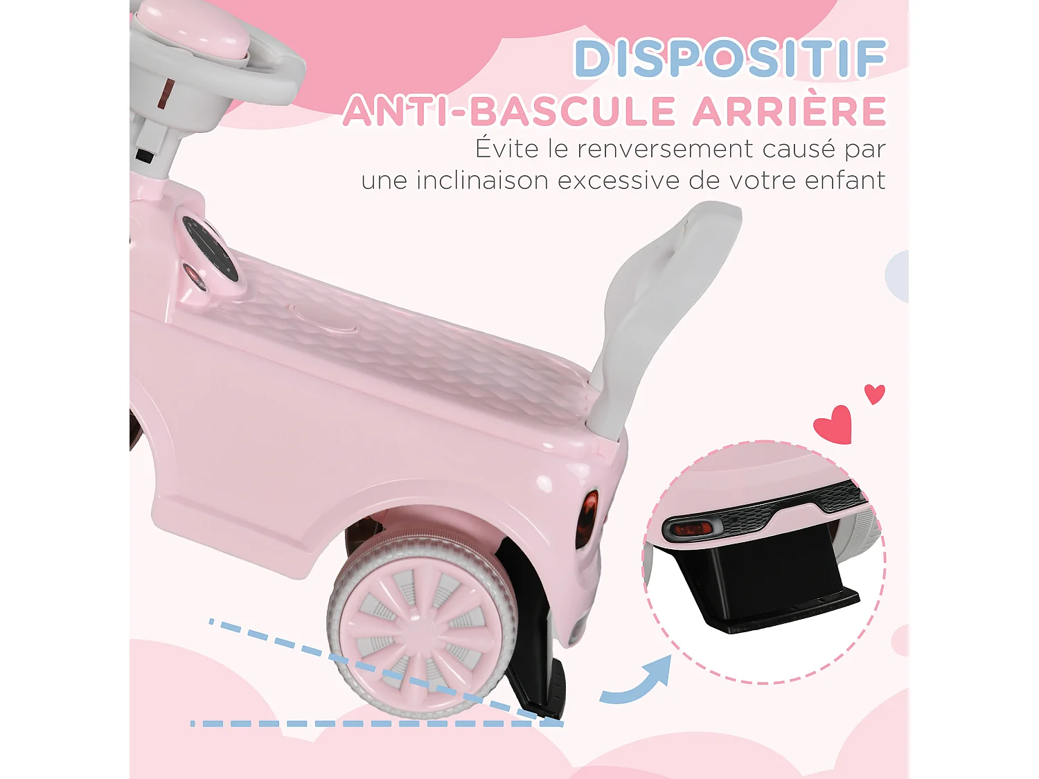 Porteur enfants 18-36 Mois volant klaxon et butée anti-bascule 53x25x35 cm rose