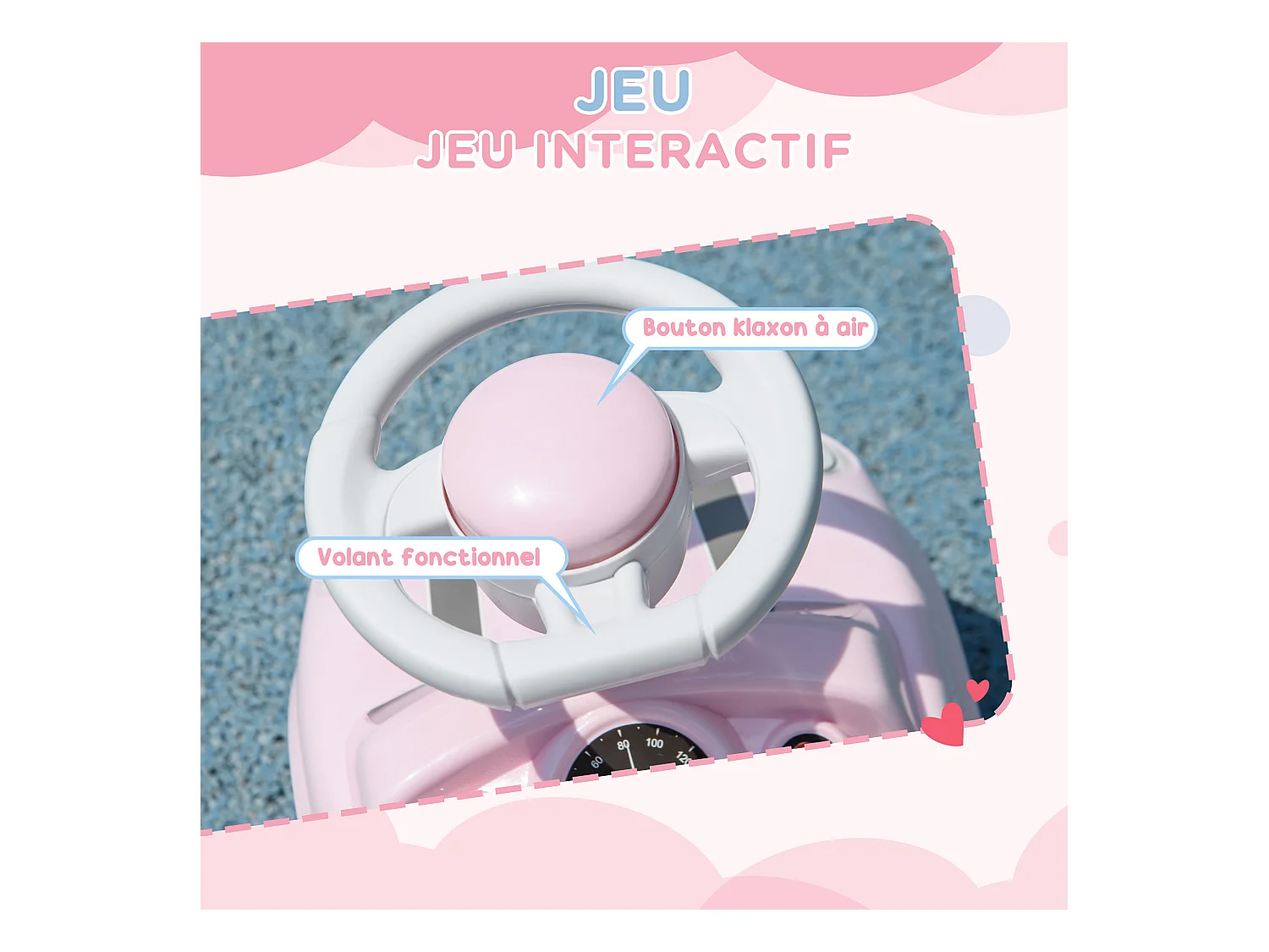 Porteur enfants 18-36 Mois volant klaxon et butée anti-bascule 53x25x35 cm rose