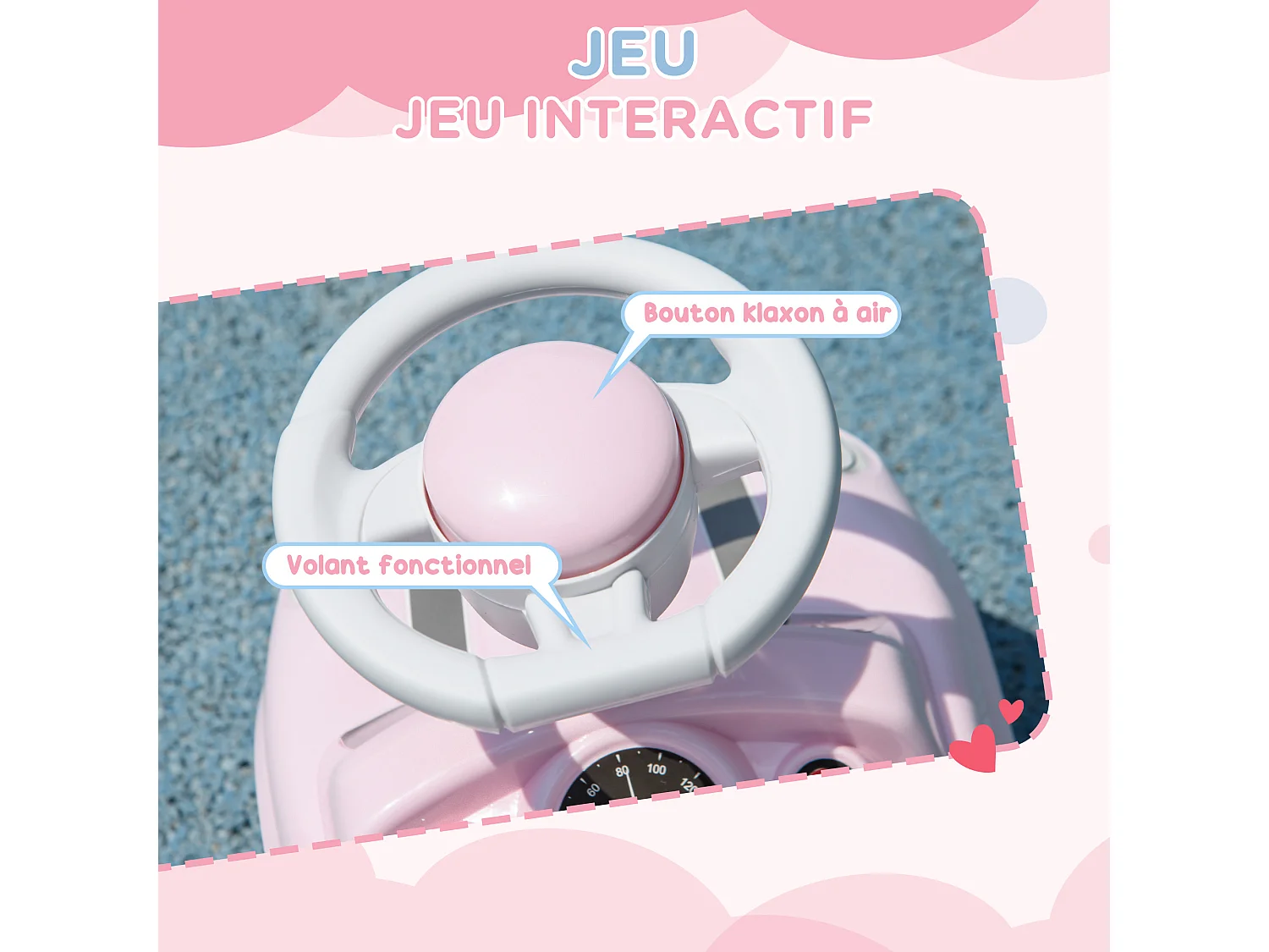 Porteur enfants 18-36 Mois volant klaxon et butée anti-bascule 53x25x35 cm rose