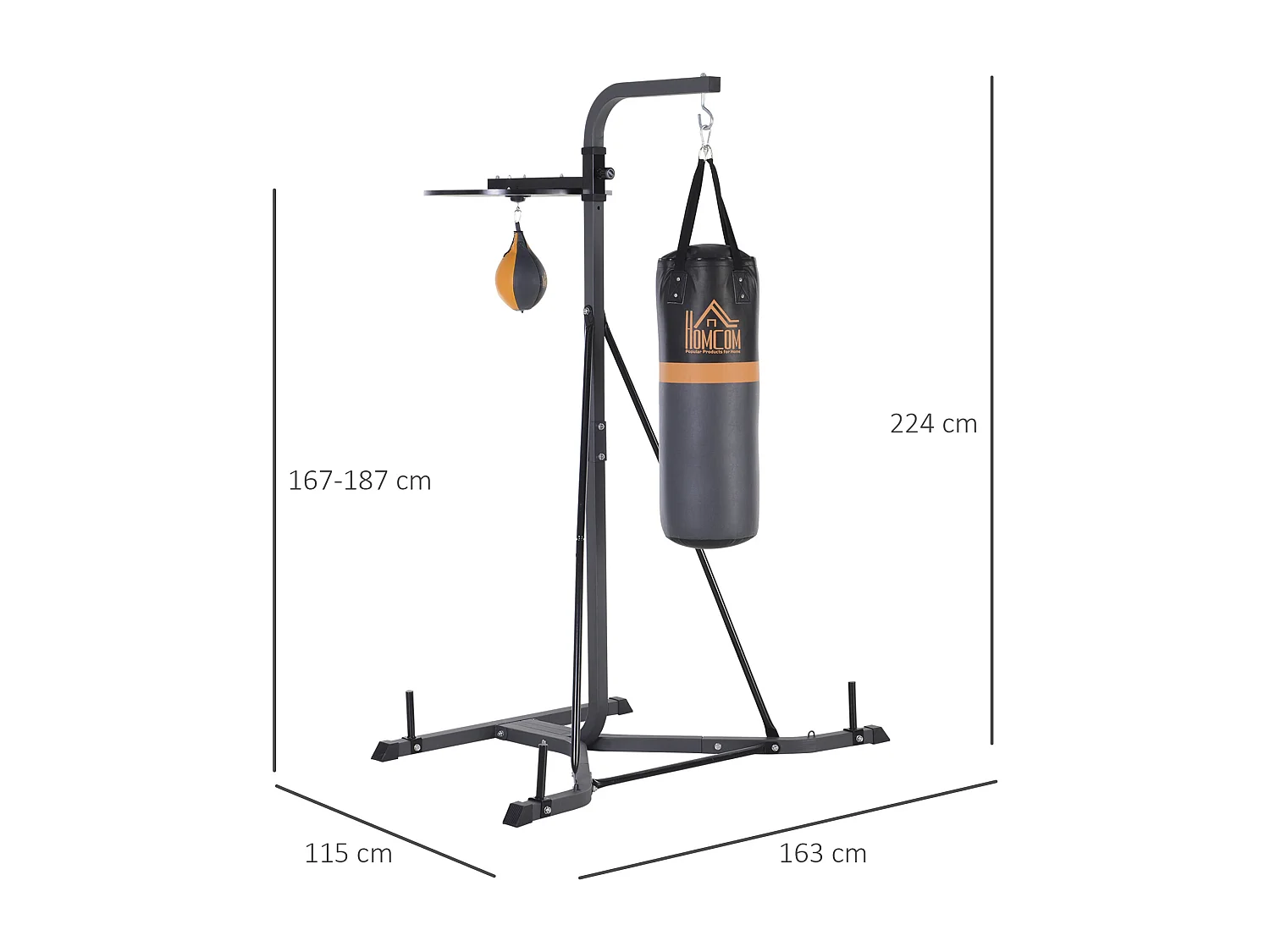 Portique sac de frappe plateforme station de boxe complète avec sac de frappe + poire de vitesse hauteur réglable 5 niveaux pompe à air fournie acier noir gris