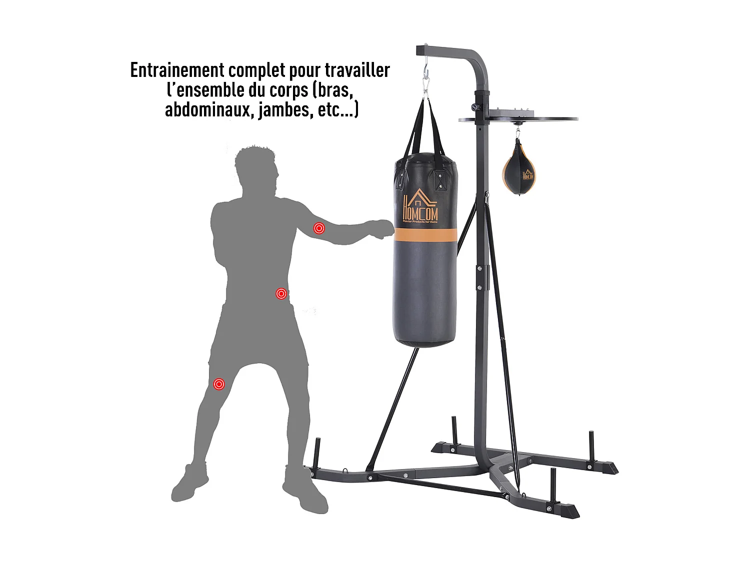 Portique sac de frappe plateforme station de boxe complète avec sac de frappe + poire de vitesse hauteur réglable 5 niveaux pompe à air fournie acier noir gris