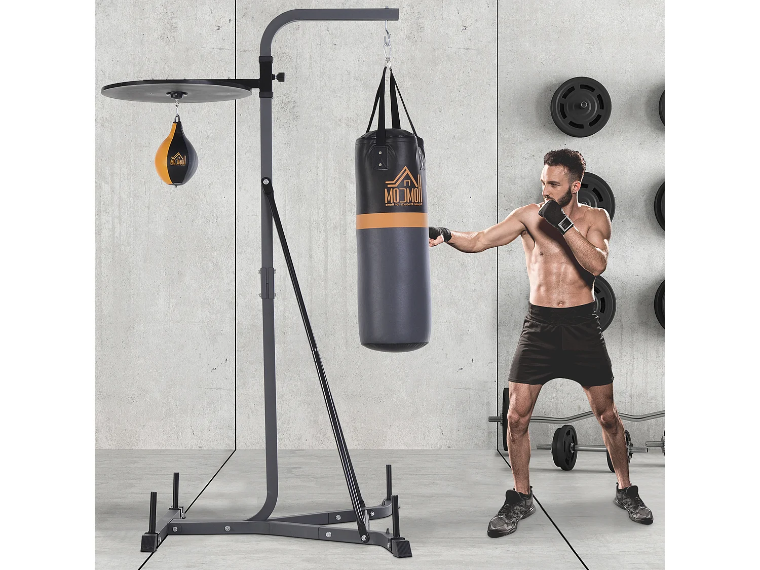 Portique sac de frappe plateforme station de boxe complète avec sac de frappe + poire de vitesse hauteur réglable 5 niveaux pompe à air fournie acier noir gris