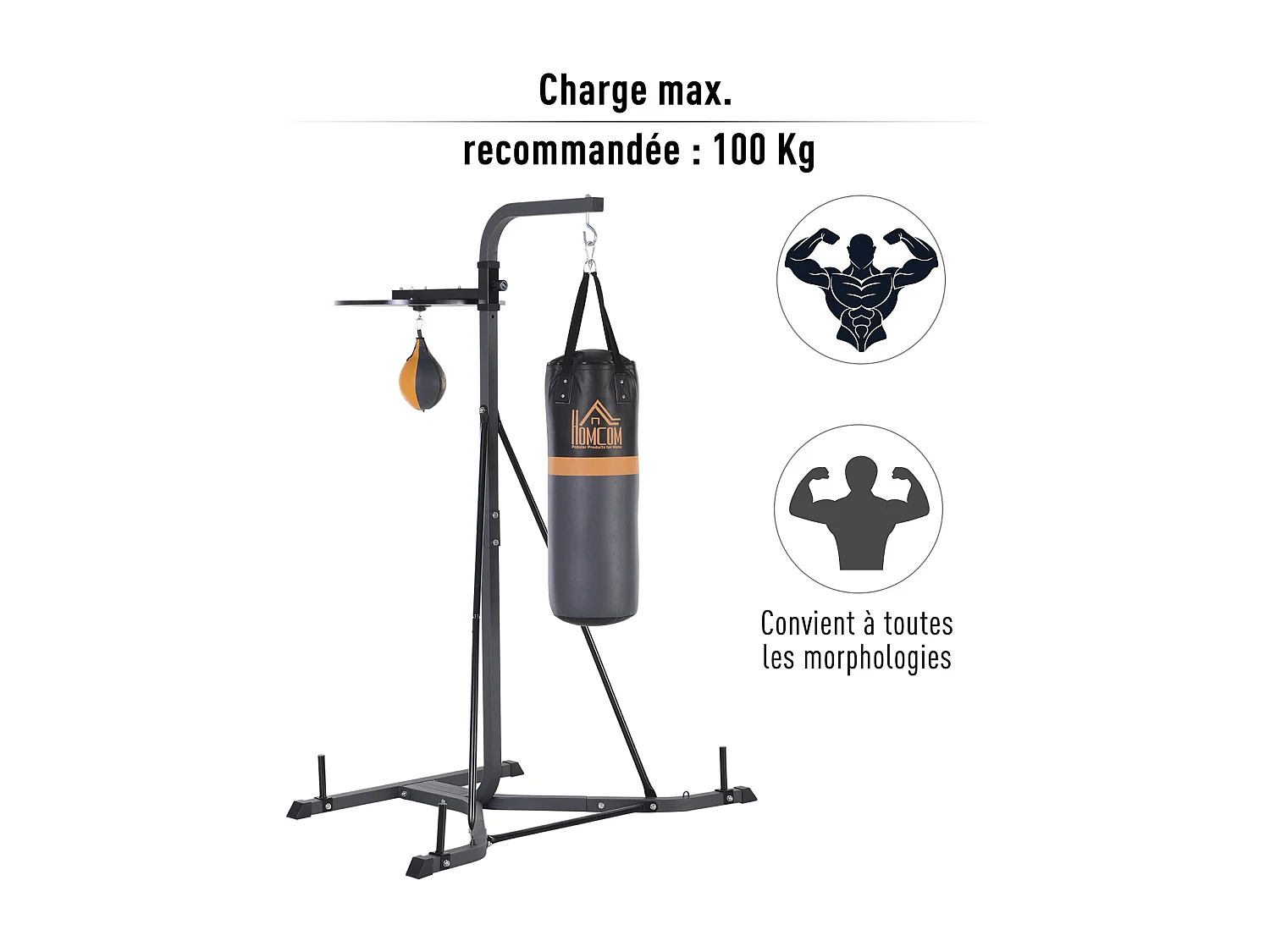 Portique sac de frappe plateforme station de boxe complète avec sac de frappe + poire de vitesse hauteur réglable 5 niveaux pompe à air fournie acier noir gris