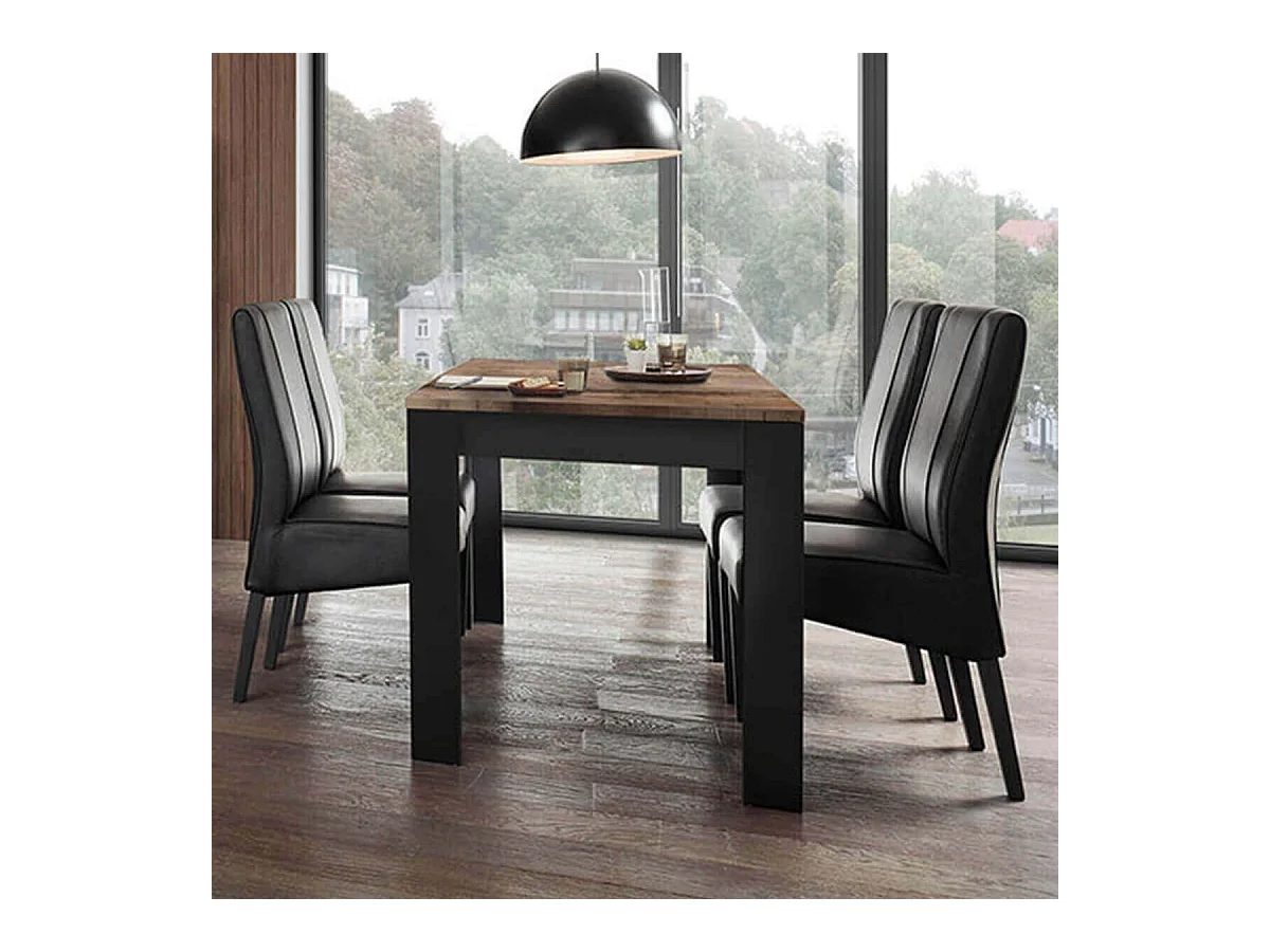 OTELLO - Table Repas 180cm Noir Mat Plateau Aspect Bois Antik