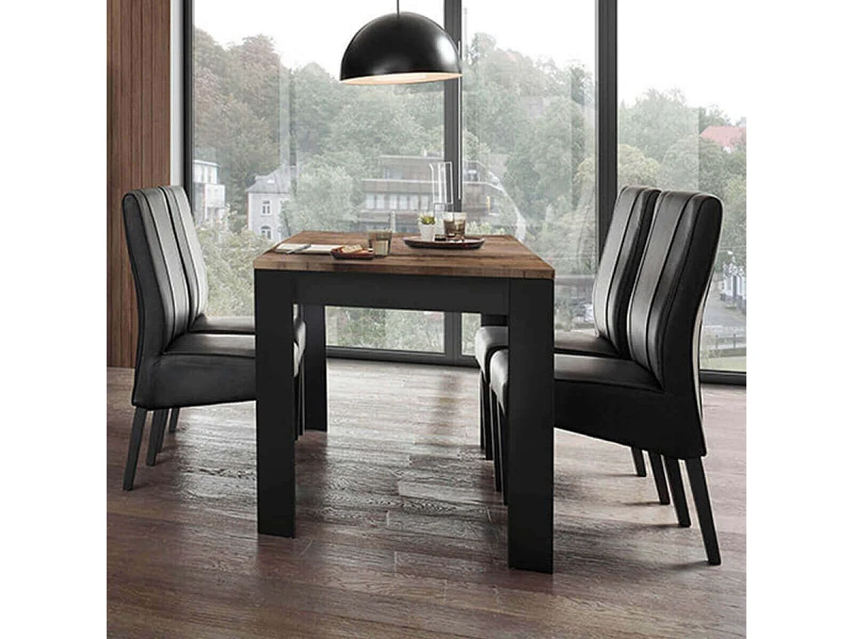 OTELLO - Table Repas 180cm Noir Mat Plateau Aspect Bois Antik