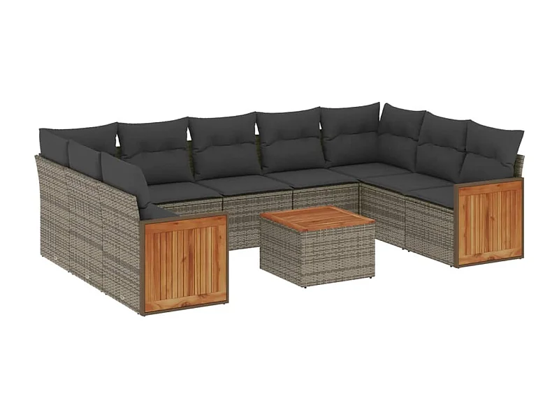 10 peças conjunto sofás de jardim com almofadões vime PE cinzento