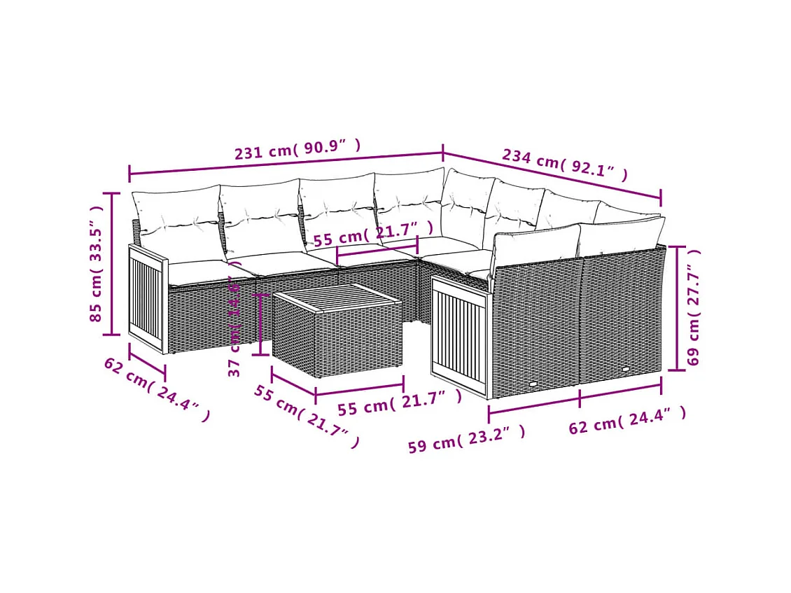 9 peças conjunto sofás para jardim com almofadões vime PE cinzento