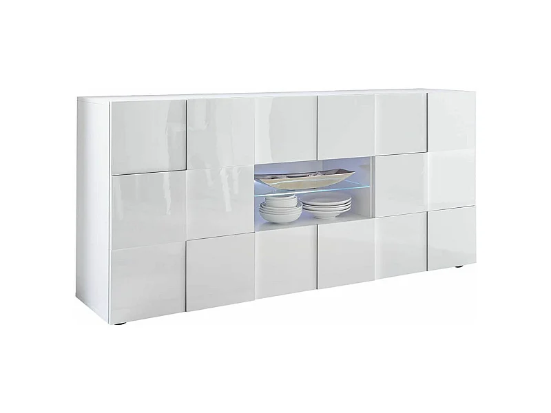 REBECCA - Buffet 2 Portes 2 Tiroirs Finition Blanc Laqué Weiss Relief Damiers et Leds