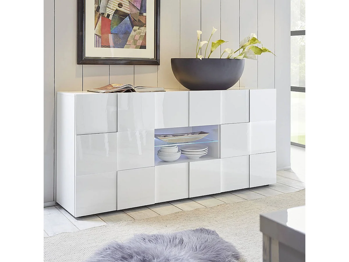 REBECCA - Buffet 2 Portes 2 Tiroirs Finition Blanc Laqué Weiss Relief Damiers et Leds