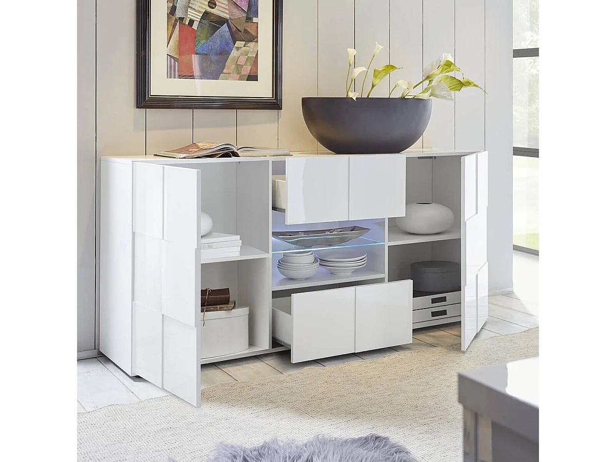 REBECCA - Buffet 2 Portes 2 Tiroirs Finition Blanc Laqué Weiss Relief Damiers et Leds