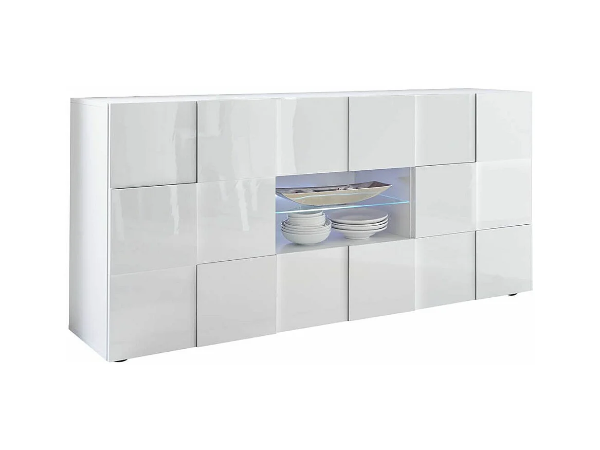 REBECCA - Buffet 2 Portes 2 Tiroirs Finition Blanc Laqué Weiss Relief Damiers et Leds