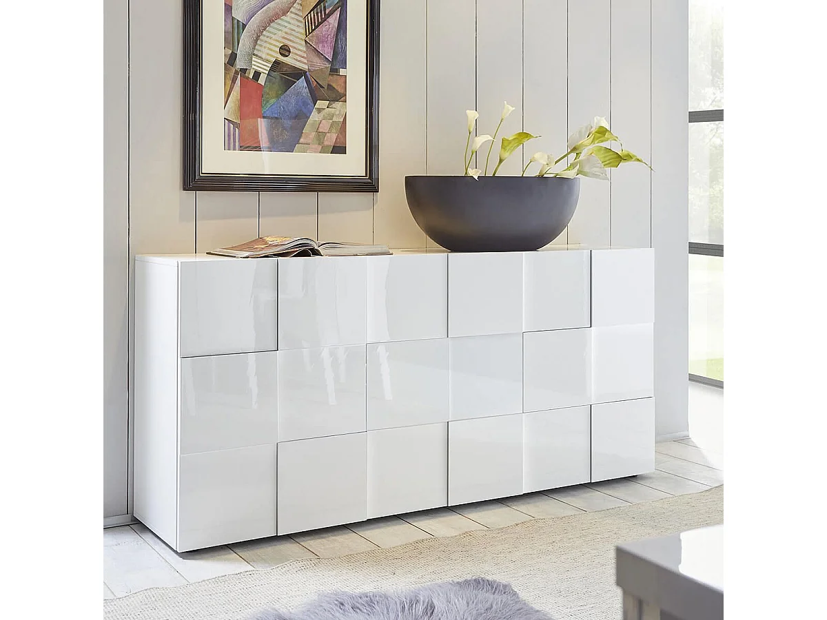 REBECCA - Buffet 3 Portes Finition Blanc Laqué Weiss Relief Damiers