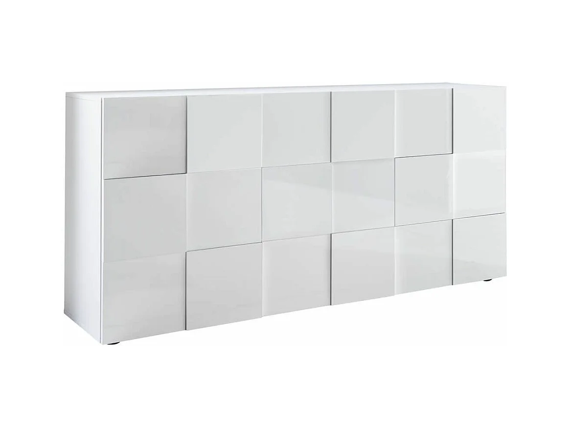 REBECCA - Buffet 3 Portes Finition Blanc Laqué Weiss Relief Damiers