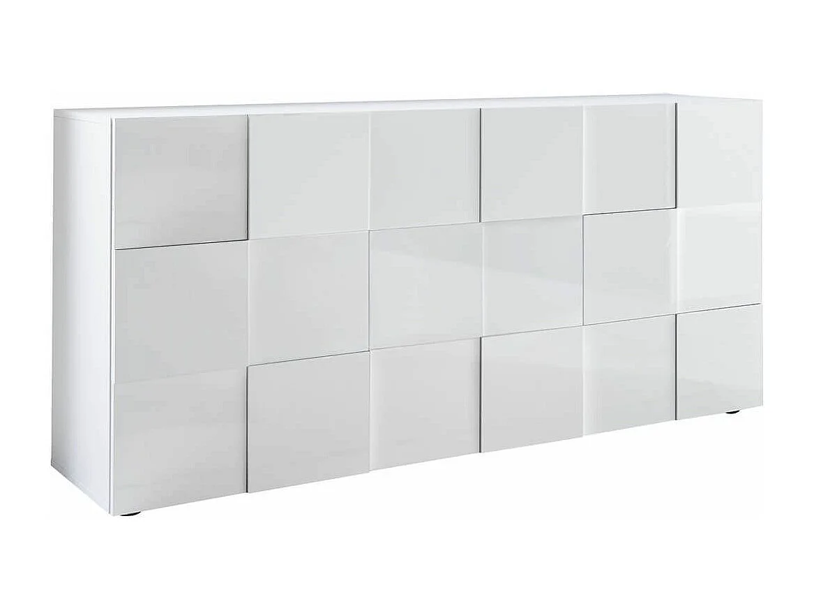 REBECCA - Buffet 3 Portes Finition Blanc Laqué Weiss Relief Damiers