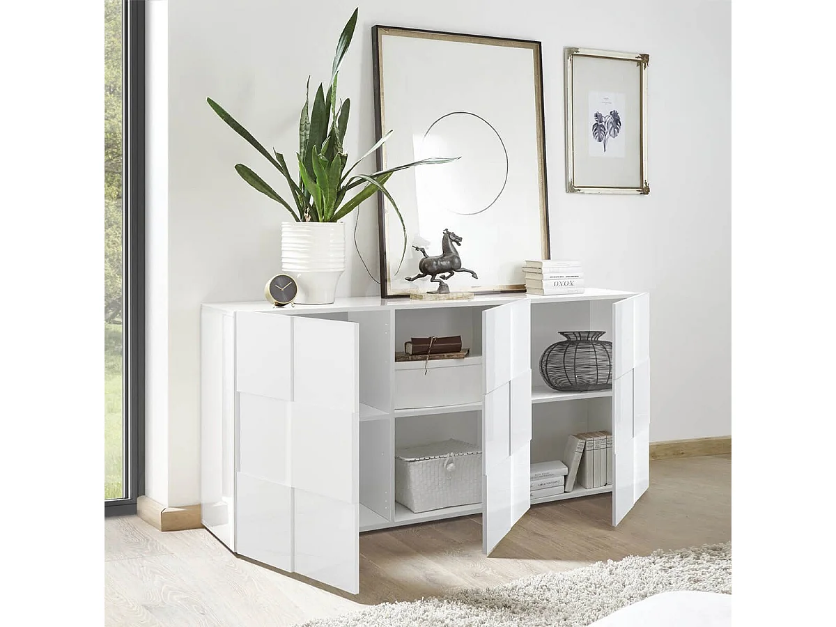 REBECCA - Buffet 3 Portes Finition Blanc Laqué Weiss Relief Damiers