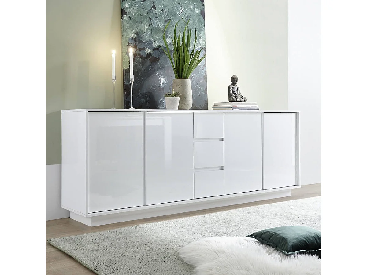 LYSIANE - Buffet 4 Portes 3 Tiroirs Finition Blanc Laqué Brillant Weiss
