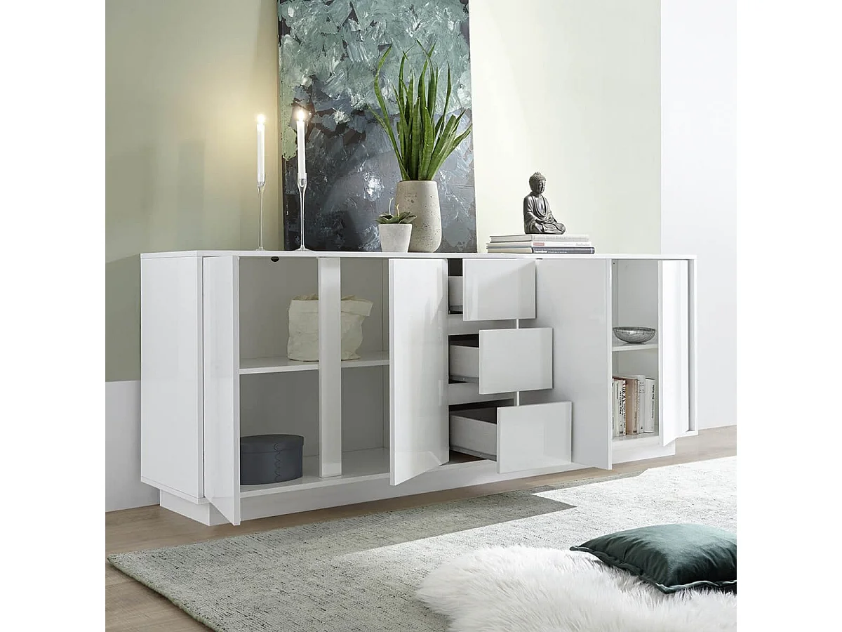 LYSIANE - Buffet 4 Portes 3 Tiroirs Finition Blanc Laqué Brillant Weiss