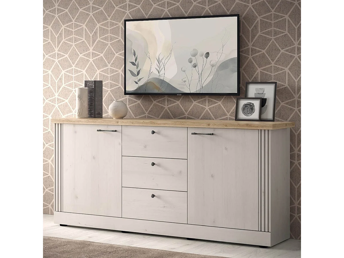 NASHVIL - Buffet 2 Portes 3 Tiroirs Aspect Chêne Blanchi et Chêne clair