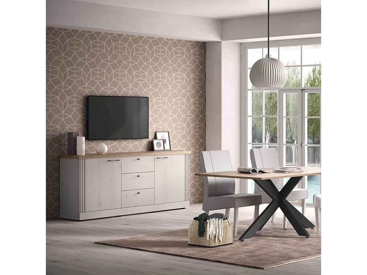 NASHVIL - Buffet 2 Portes 3 Tiroirs Aspect Chêne Blanchi et Chêne clair