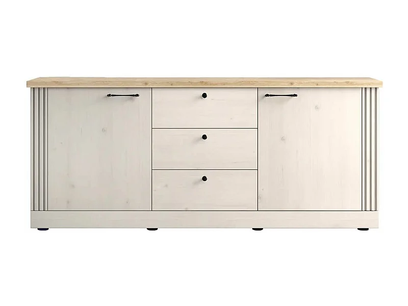 NASHVIL - Buffet 2 Portes 3 Tiroirs Aspect Chêne Blanchi et Chêne clair