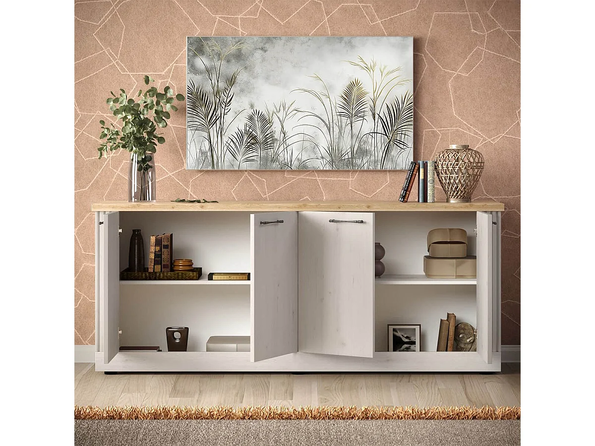 NASHVIL - Buffet 4 Portes Aspect Chêne Blanchi et Chêne clair