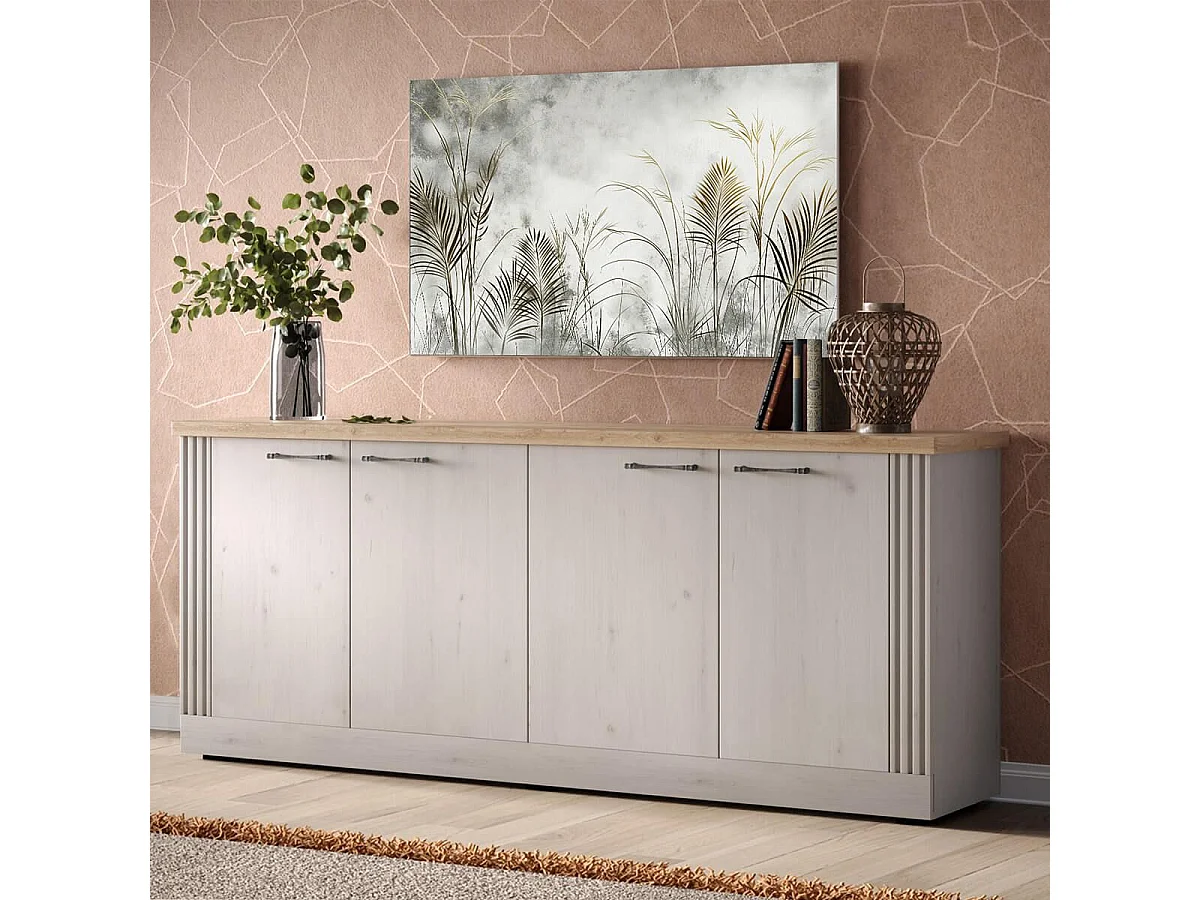 NASHVIL - Buffet 4 Portes Aspect Chêne Blanchi et Chêne clair